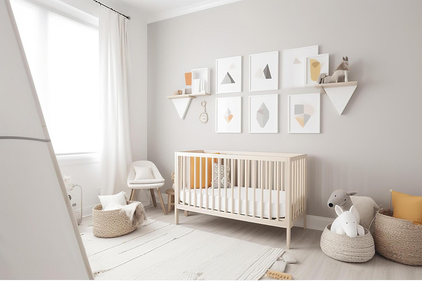 modern minimalistisch Kindergarten Zimmer im skandinavisch Stil. Baby Zimmer Innere im Licht Farben, ai generiert Bild foto