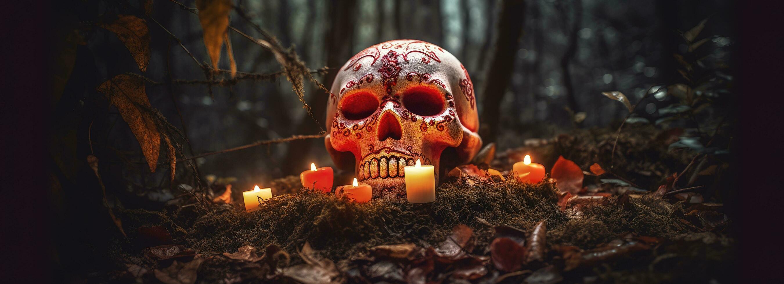 Tag von das tot Schädel. dia de los Muertos. Tag von das tot und Mexikaner Halloween Hintergrund. Mexikaner Tradition Festival. Tag von das tot Zucker Schädel. dia de los Muertos, generieren ai foto