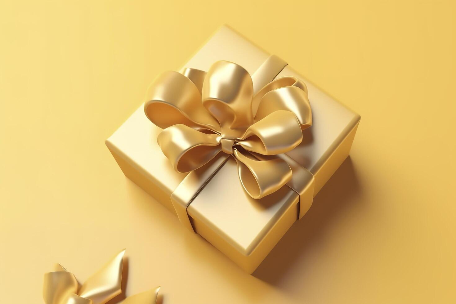 Geschenk Box mit golden Satin- Band und Bogen auf Gelb Hintergrund. Urlaub Geschenk mit Kopieren Raum. Geburtstag oder Weihnachten gegenwärtig, eben legen, oben Sicht. Weihnachten Geschenkbox Konzept. ai generiert. foto