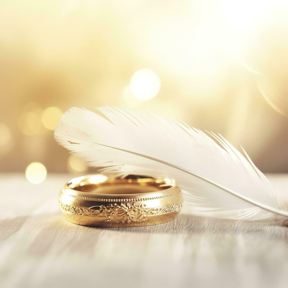 zwei golden Hochzeit Ringe und Feder - - Licht Sanft Hintergrund , erzeugen ai foto