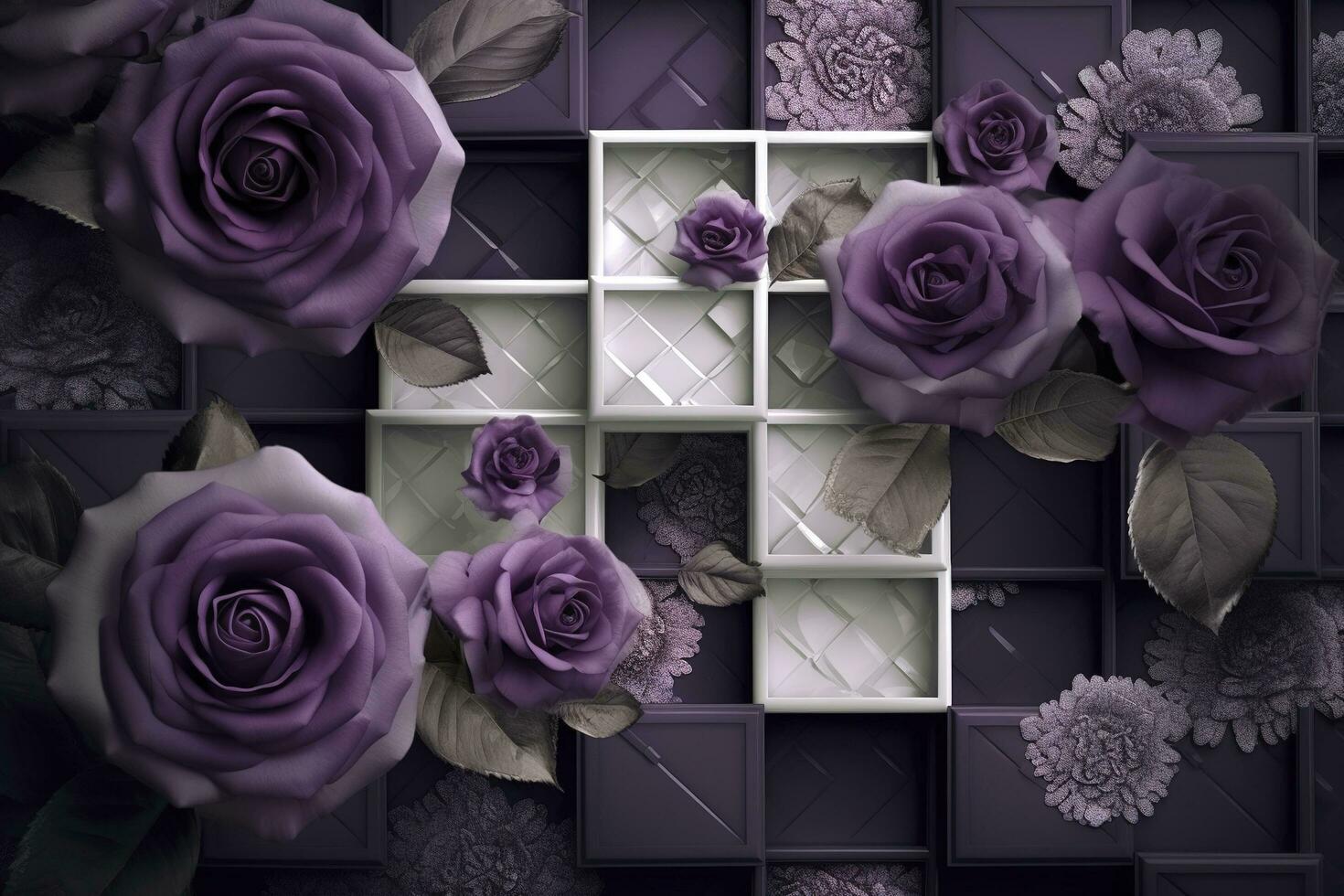 3d Wandgemälde modern Hintergrund. lila Rose Blumen mit Quadrate und dekorativ Hintergrund . modern Kunst zum Mauer Zuhause Dekor, generieren ai foto