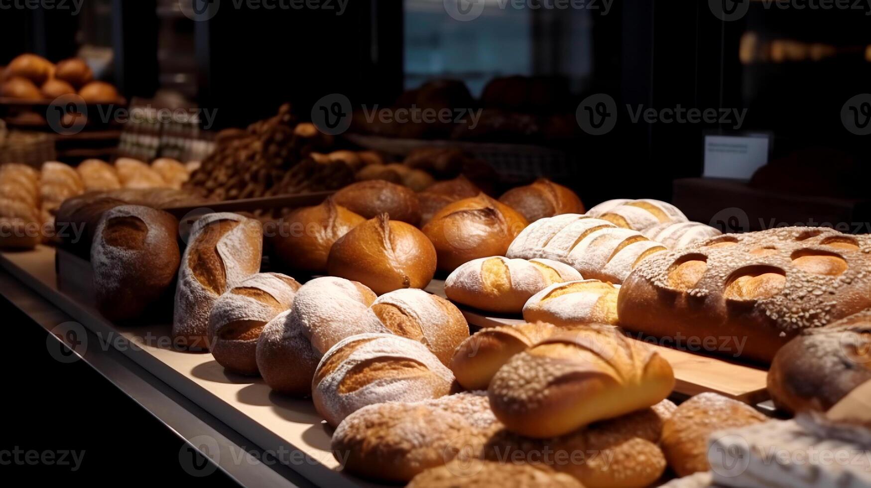 Brot Anzeige im ein Bäckerei mit ein groß Auswahl von frisch duftend brot, ai generiert foto