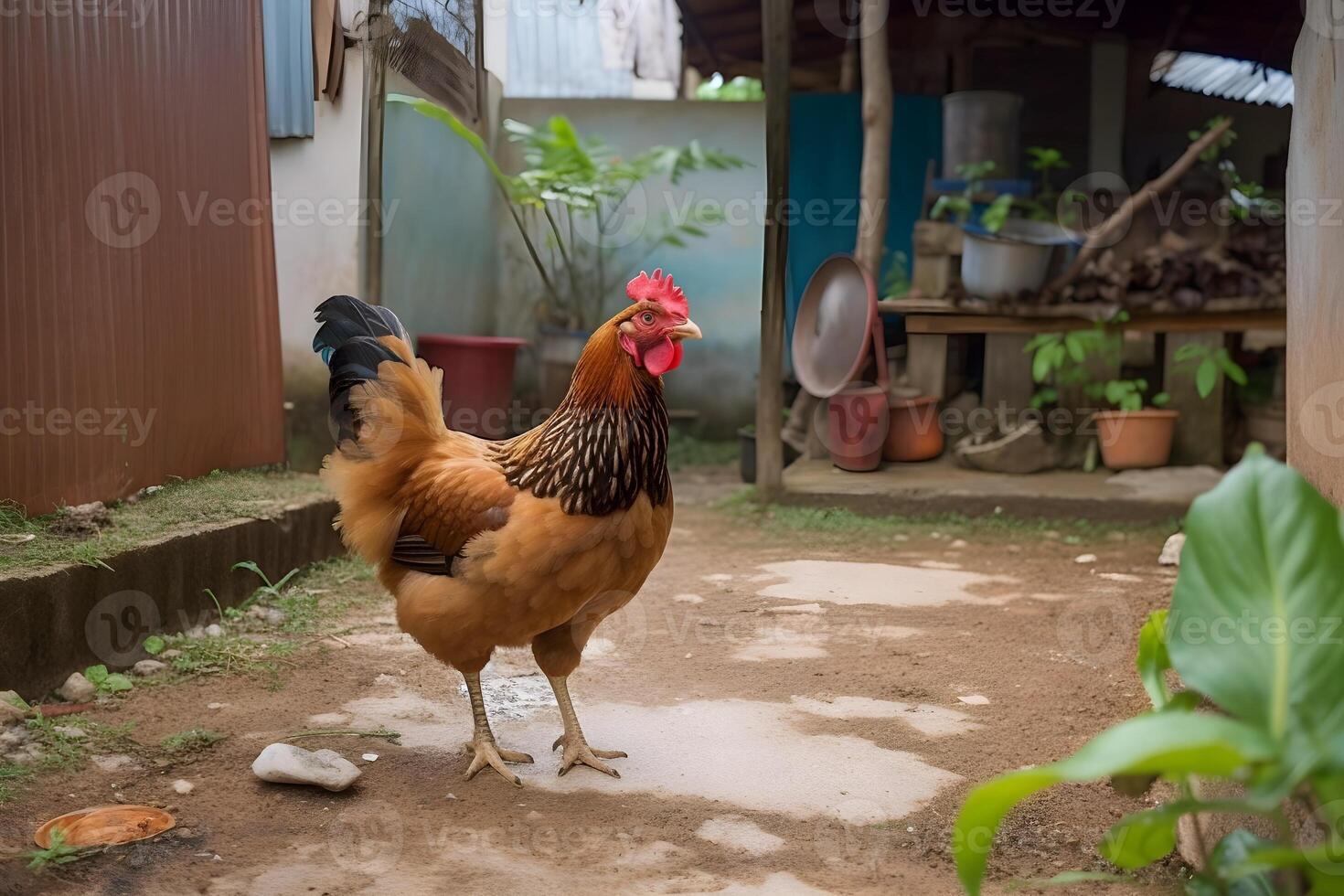 Hähnchen Gehen im das Hof. Landwirtschaft und Landwirtschaft. ai generiert. foto