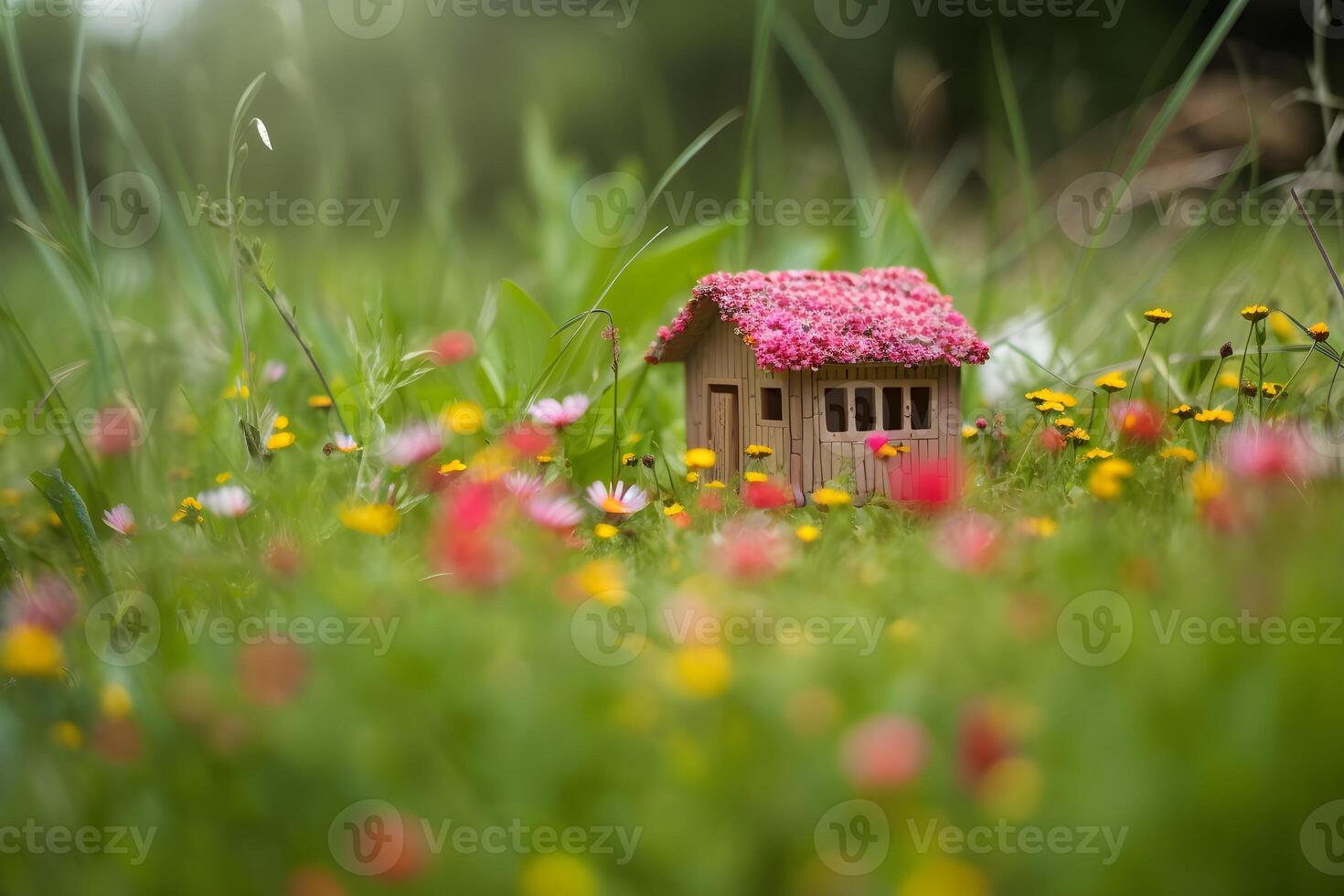 Modell- von ein klein hölzern Haus im das Gras mit Wildblumen. Konzept von Vorort- Gehäuse oder echt Nachlass Verkauf. ai generiert. foto