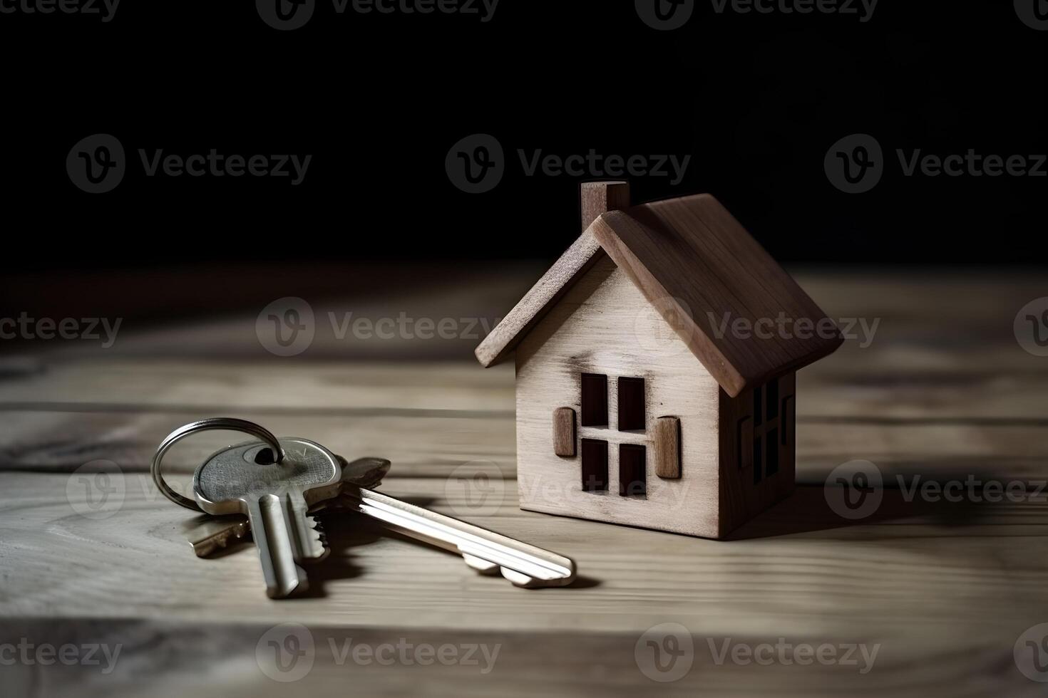 ein Modell- von klein hölzern Haus und Schlüssel auf dunkel Hintergrund. Konzept von Kauf echt Anwesen. ai generiert. foto