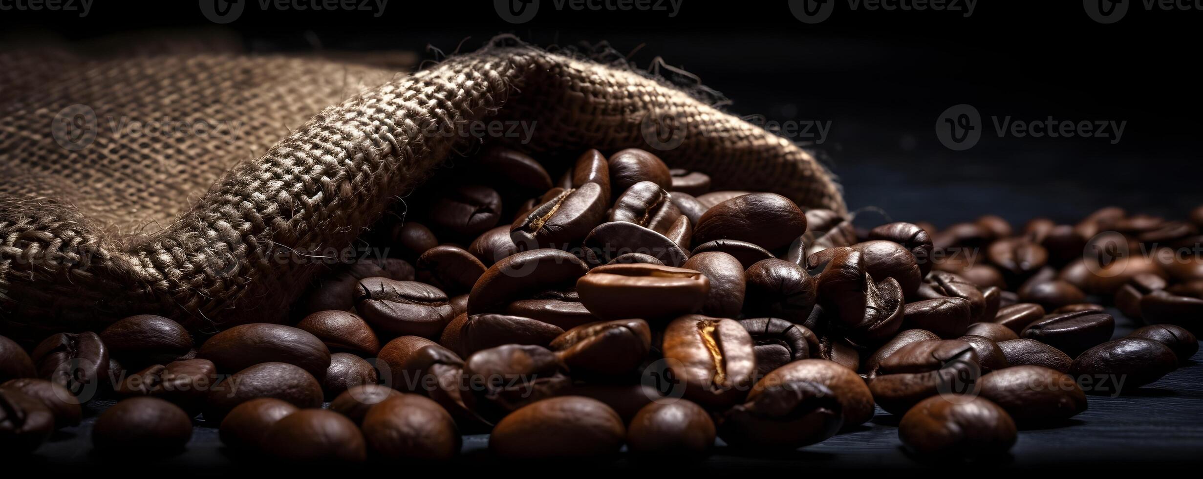 geröstet Kaffee Bohnen Banner auf schwarz Hintergrund. ai generiert. foto