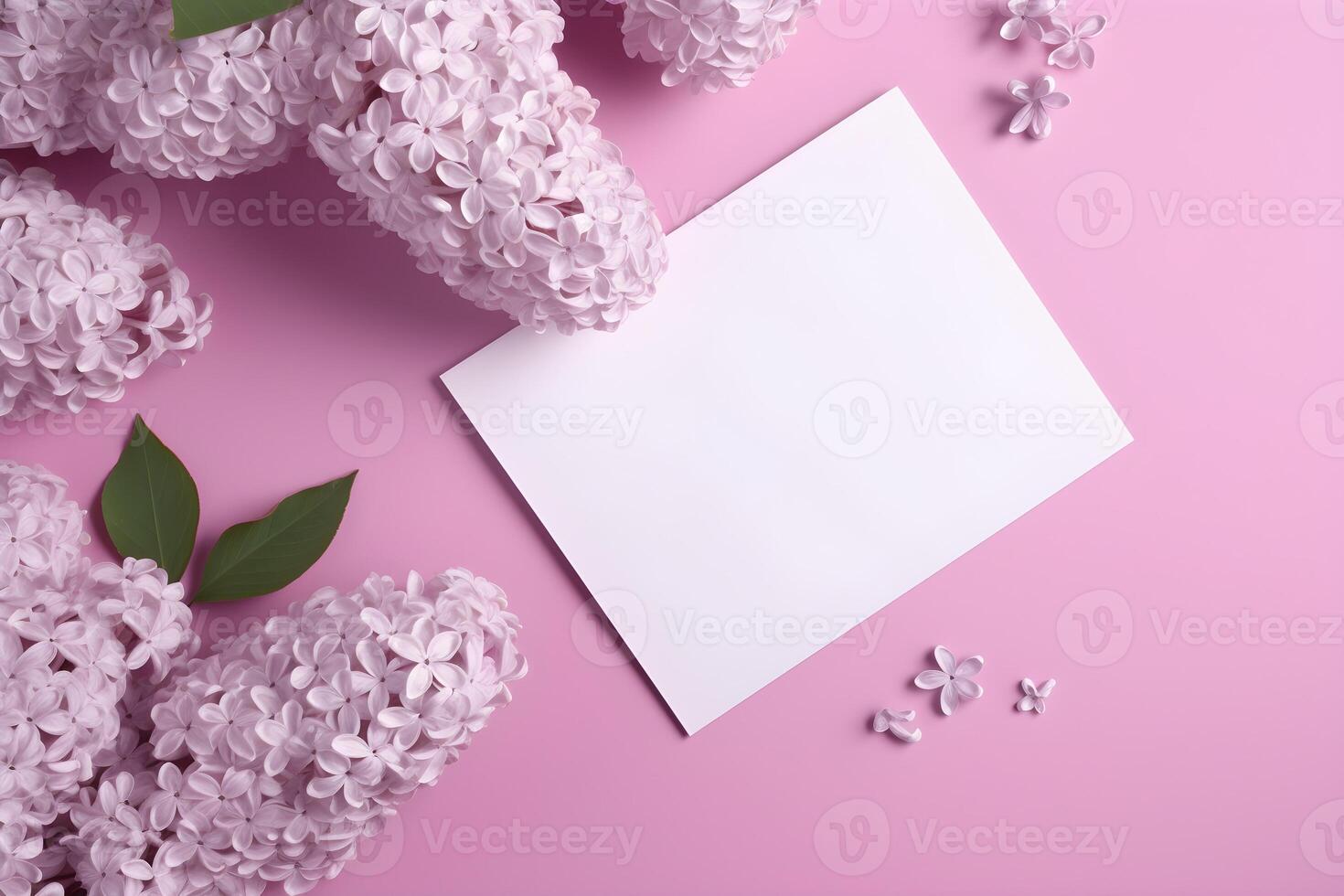 lila Blumen Zweige und ein Stück von Papier auf Rosa Hintergrund, Kopieren Raum, oben Sicht. ai generiert. foto