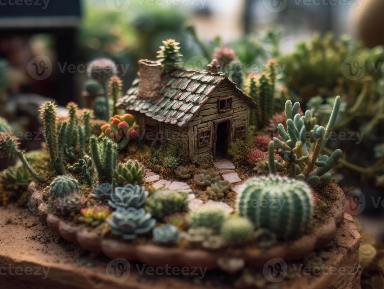 Fantasie Miniatur Zuhause Blumen Sukkulenten und Kaktus im das Garten erstellt mit generativ ai Technologie foto