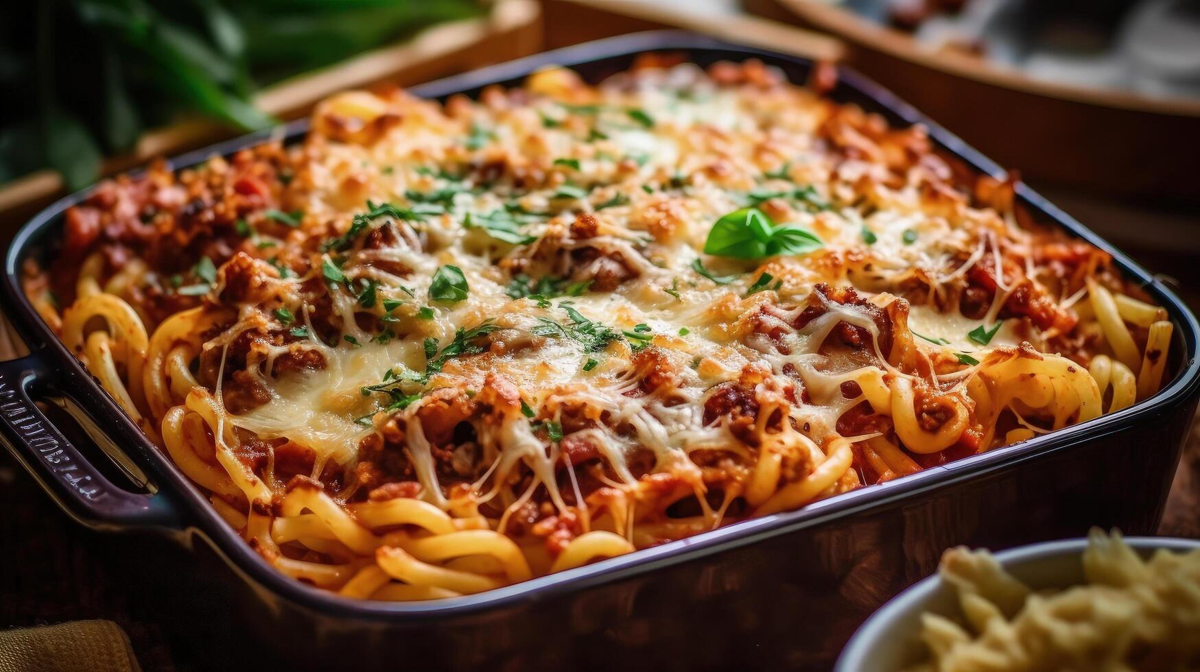 hausgemacht Spaghetti Frühstück Kasserolle im ein Backen Gericht. Illustration ai generativ foto
