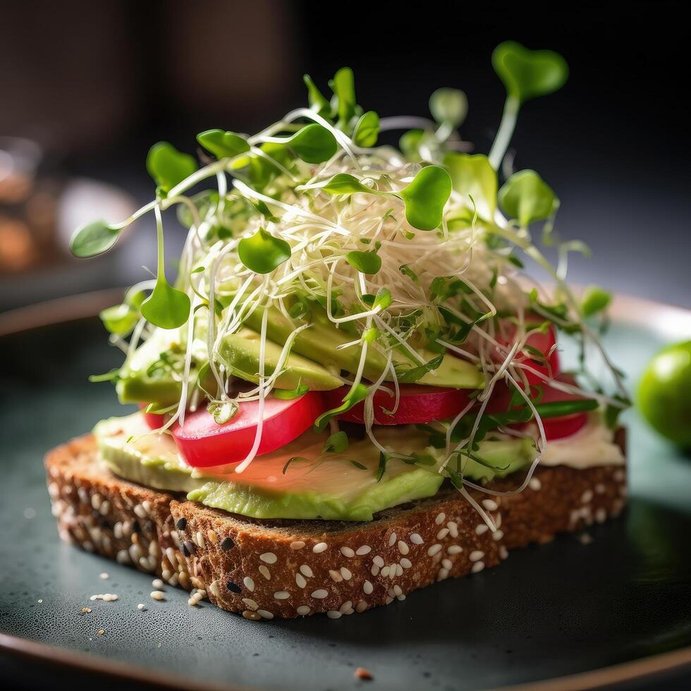 Vegetarier Sandwich gemacht mit Sauerteig brot, Avocado Creme, Gurke, Rettich und Remoulade Soße Illustration ai generativ foto