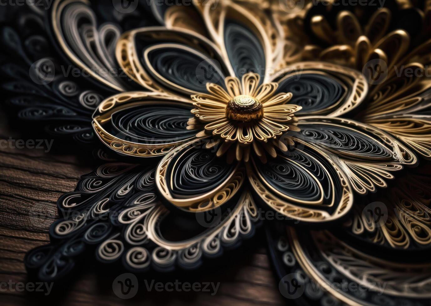 Papier gemacht Blumen quilling Kunst Technik schwarz und Gold abstrakt Hintergrund Linien erstellt mit generativ ai Technologie foto