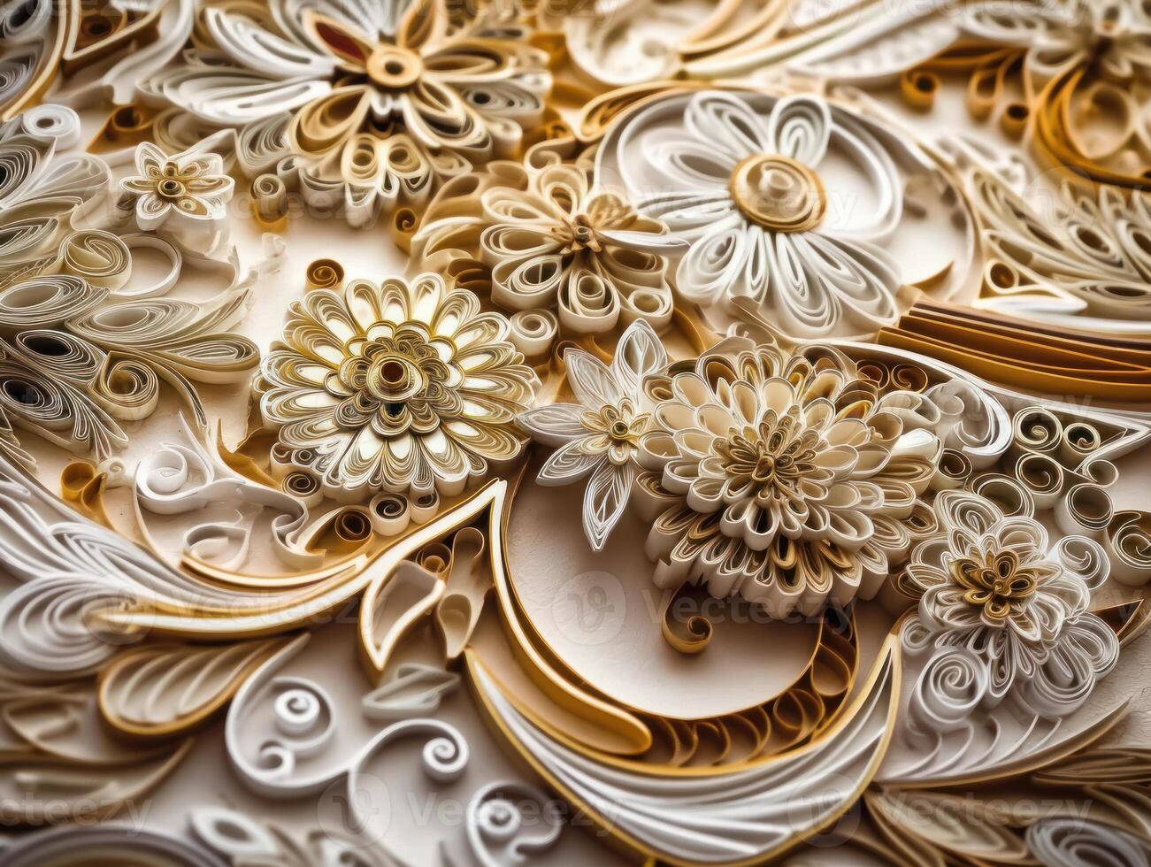 Papier gemacht quilling Kunst Technik Weiß und Gold abstrakt Hintergrund Linien erstellt mit generativ ai Technologie foto