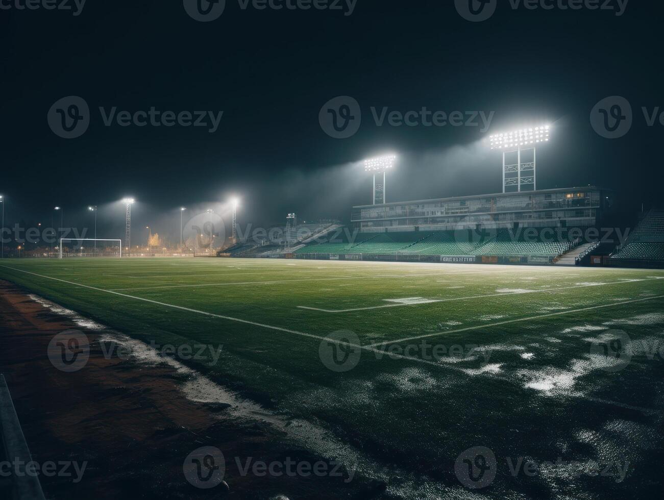 Fußball Stadion mit hell Beleuchtung und Sitze erstellt mit generativ ai Technologie foto