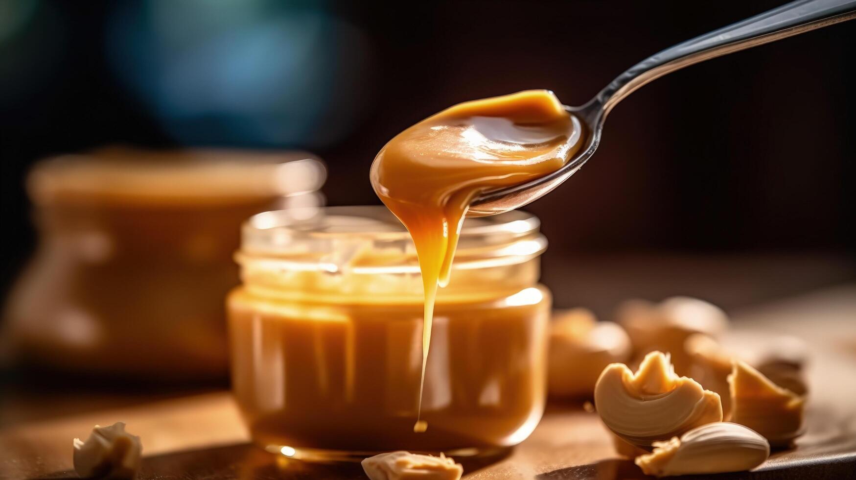 Löffel und Glas Krug mit cremig Erdnuss Butter Illustration ai generativ foto