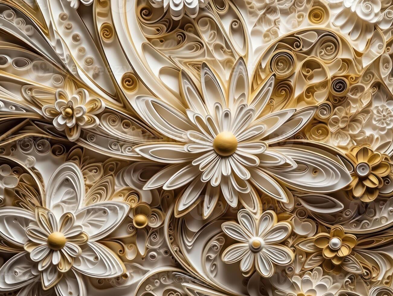 Papier gemacht Blumen quilling Kunst Technik Weiß und Gold abstrakt Hintergrund Linien erstellt mit generativ ai Technologie foto