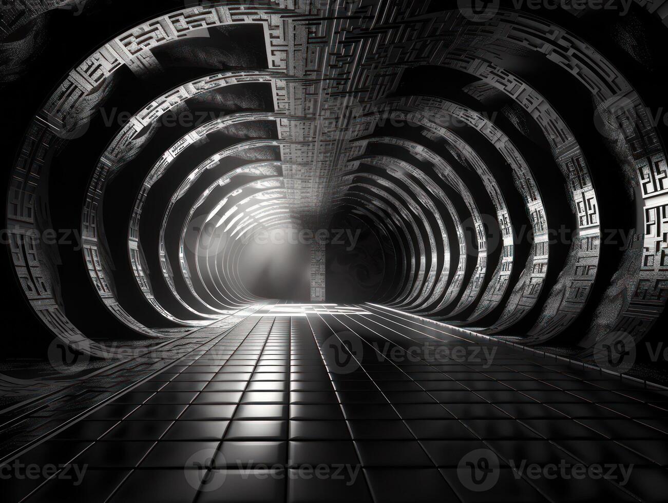 abstrakt futuristisch Tunnel Gang mit glühend Beleuchtung und Reflexionen Wissenschaft Fiktion Stil erstellt mit generativ ai Technologie foto