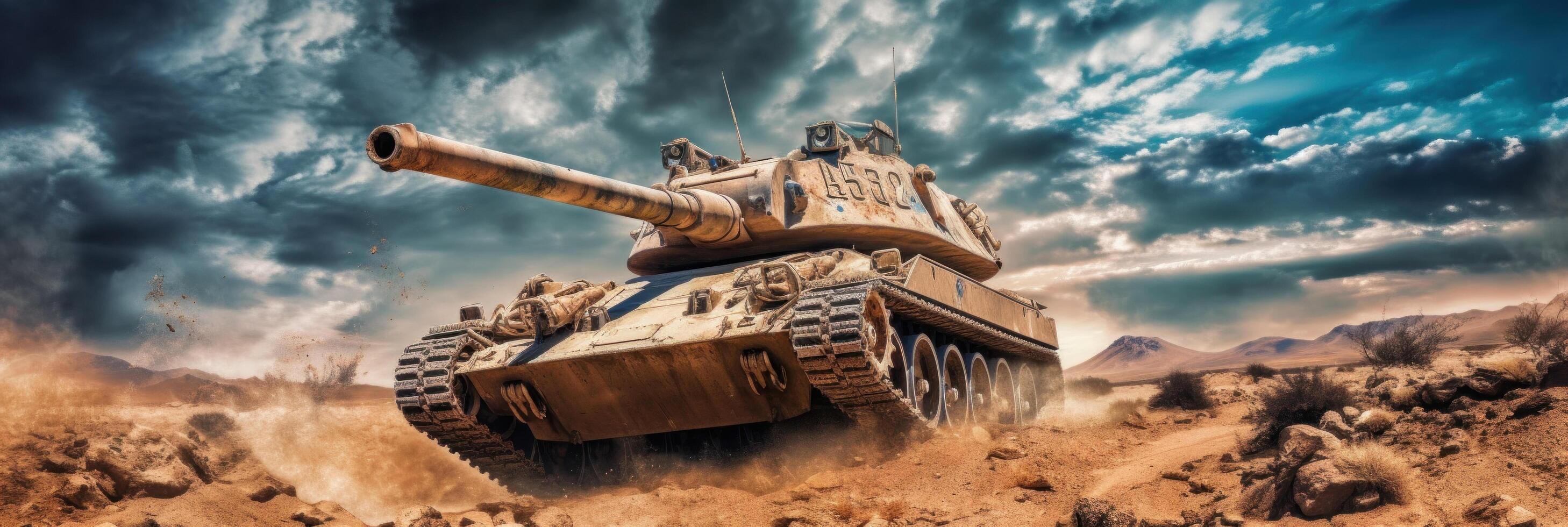 alt Panzer im das Wüste, im das Stil von heftig Aktion Szenen, Illustration generativ ai foto