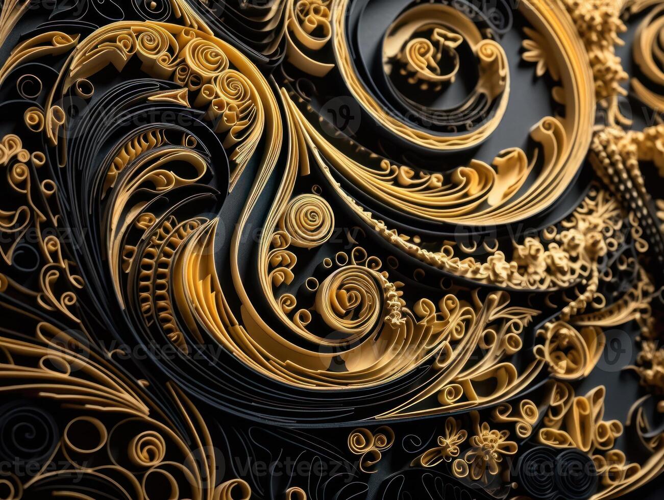 Papier gemacht quilling Kunst Technik schwarz und Gold abstrakt Hintergrund Linien erstellt mit generativ ai Technologie foto