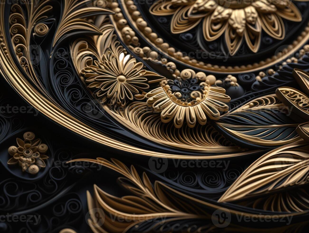 Papier gemacht quilling Kunst Technik schwarz und Gold abstrakt Hintergrund Linien erstellt mit generativ ai Technologie foto