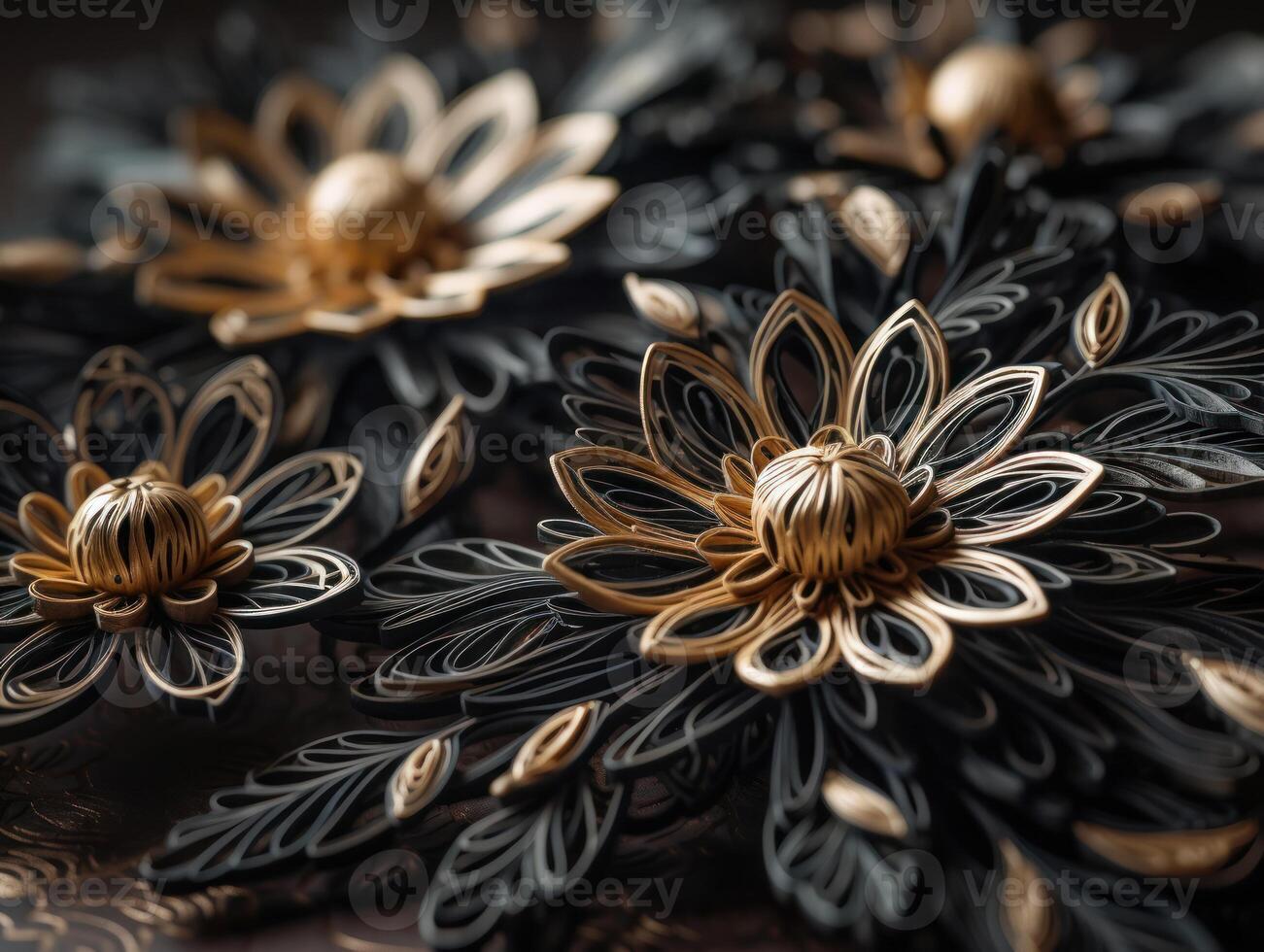 Papier gemacht Blumen quilling Kunst Technik schwarz und Gold abstrakt Hintergrund Linien erstellt mit generativ ai Technologie foto