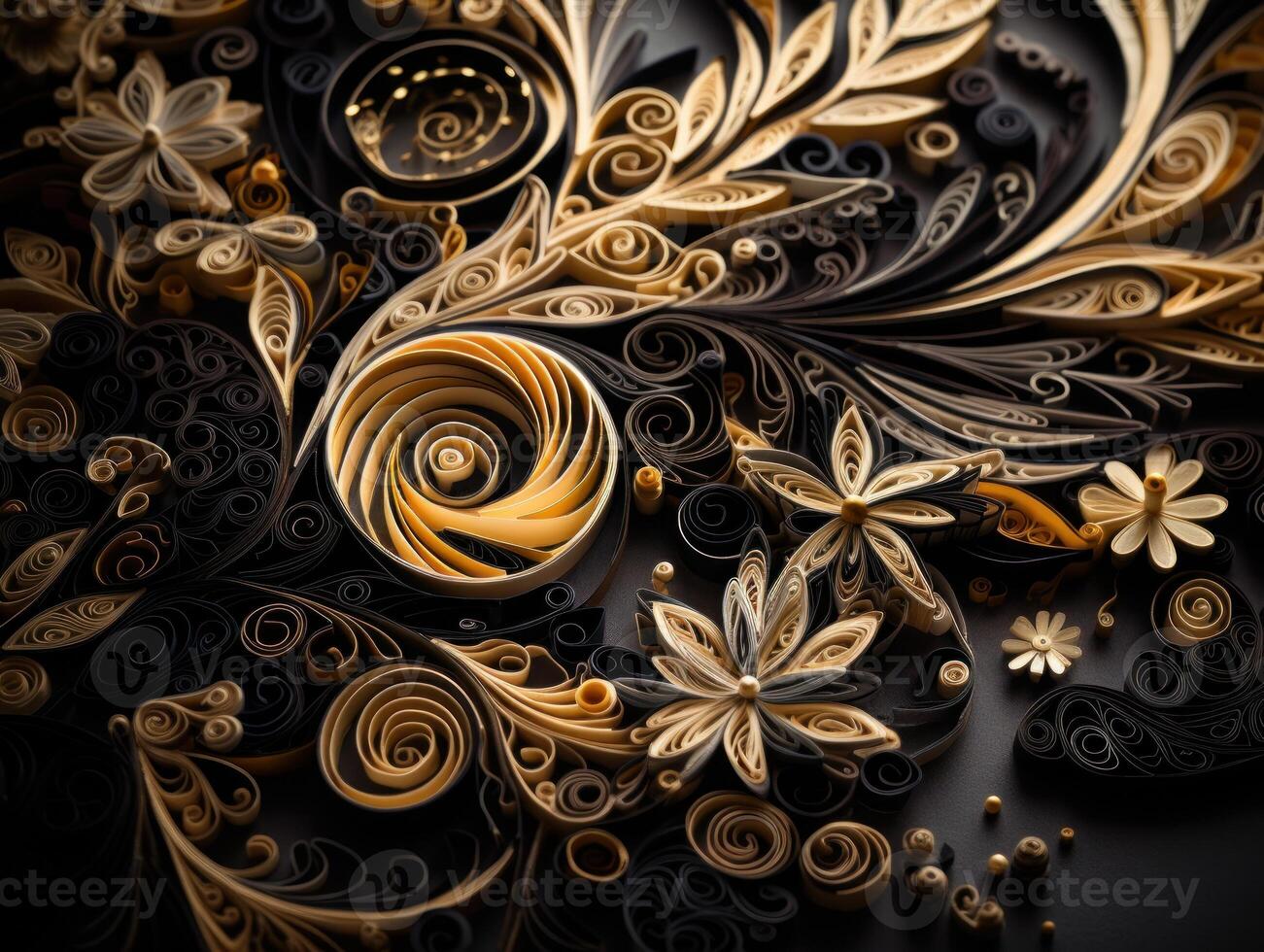 Papier gemacht quilling Kunst Technik schwarz und Gold abstrakt Hintergrund Linien erstellt mit generativ ai Technologie foto