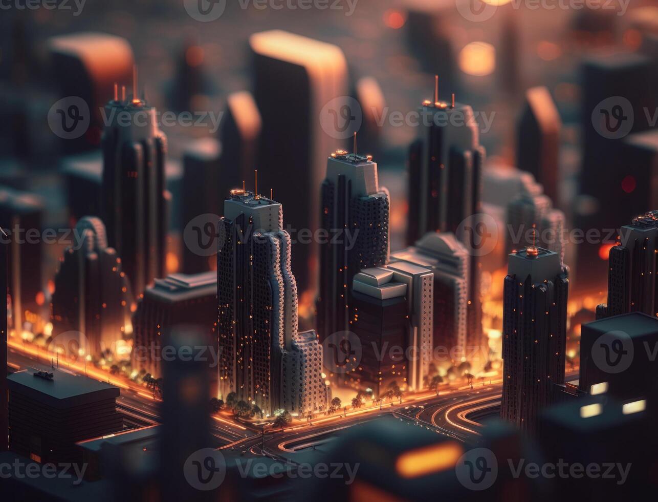 futuristisch Stadt Landschaft Stadtbild isometrisch Aussicht Nacht Stadt erstellt mit generativ ai Technologie foto