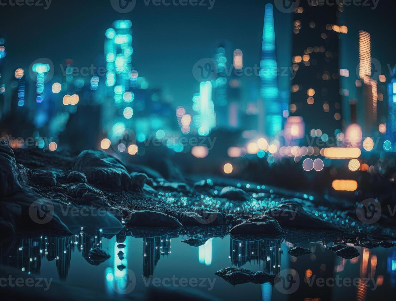 futuristisch Stadt Landschaft Stadtbild isometrisch Aussicht Nacht Stadt erstellt mit generativ ai Technologie foto