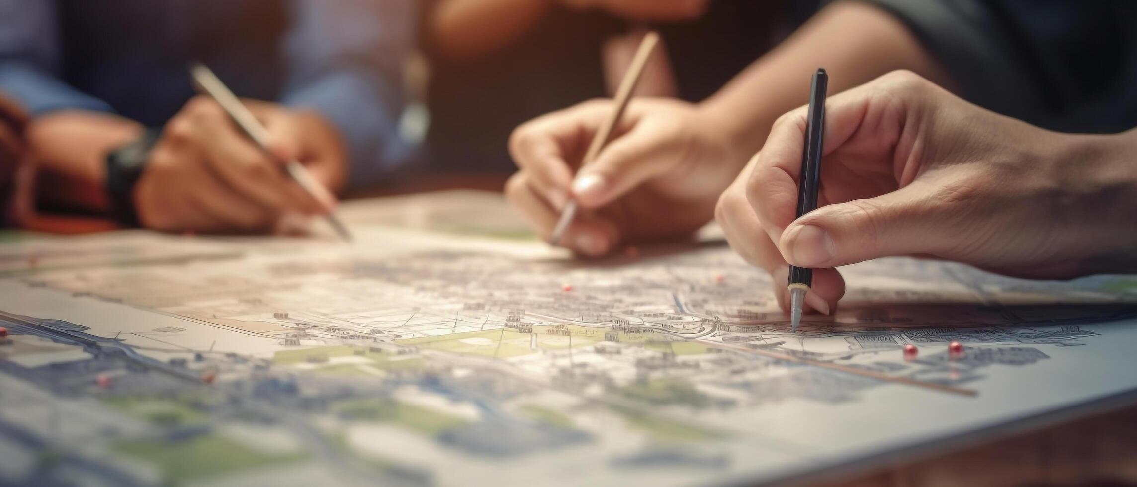 Hand Stift es auf Karte und Geschäft Menschen Mannschaft Treffen im modern Büro Design Planung Ideen und Ziel Konzept, generativ ai foto