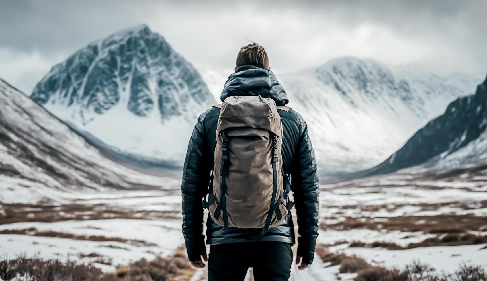 zurück Aussicht von ein Mann mit Rucksack Stand im Vorderseite von hoch Berg Startseite mit Schnee, Herausforderung Konzept, ai generativ foto