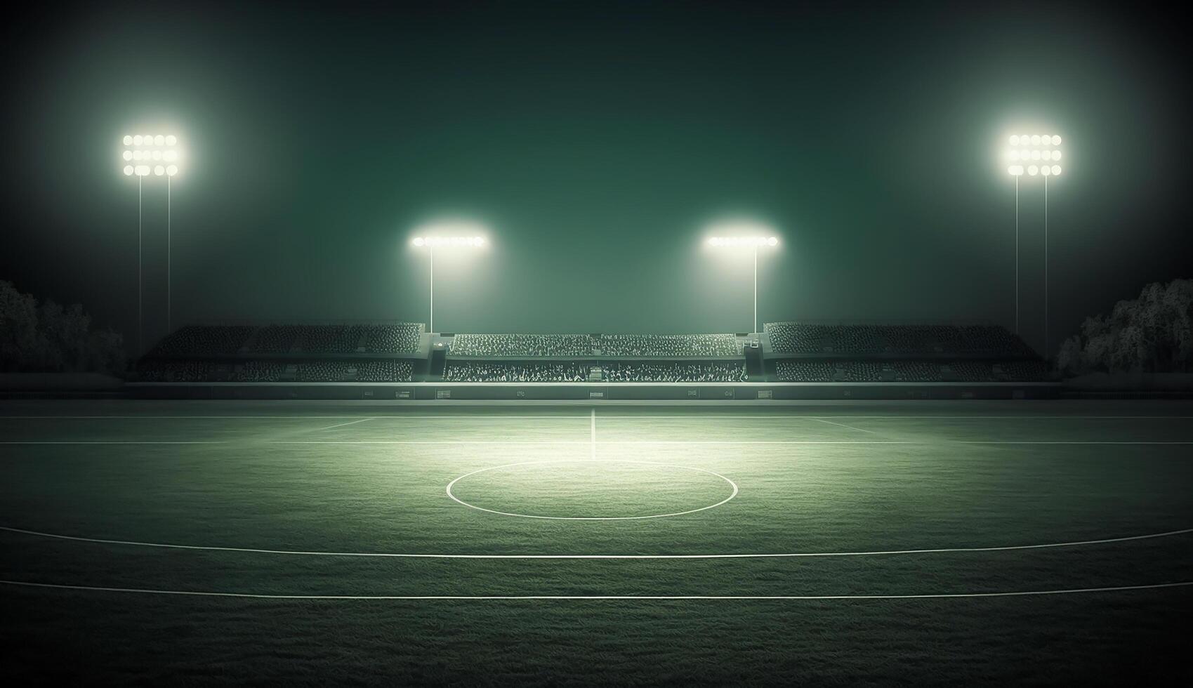 Fußball Stadion beleuchtet durch Scheinwerfer und leeren Grün Gras Spielplatz, groß Stadion, generativ ai foto