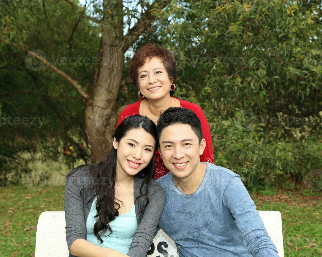 Süd-Ost asiatisch Mehrgenerationen Familie Eltern Tochter Oma Vater Mutter Kind Pose glücklich sitzen Stand draussen Park foto