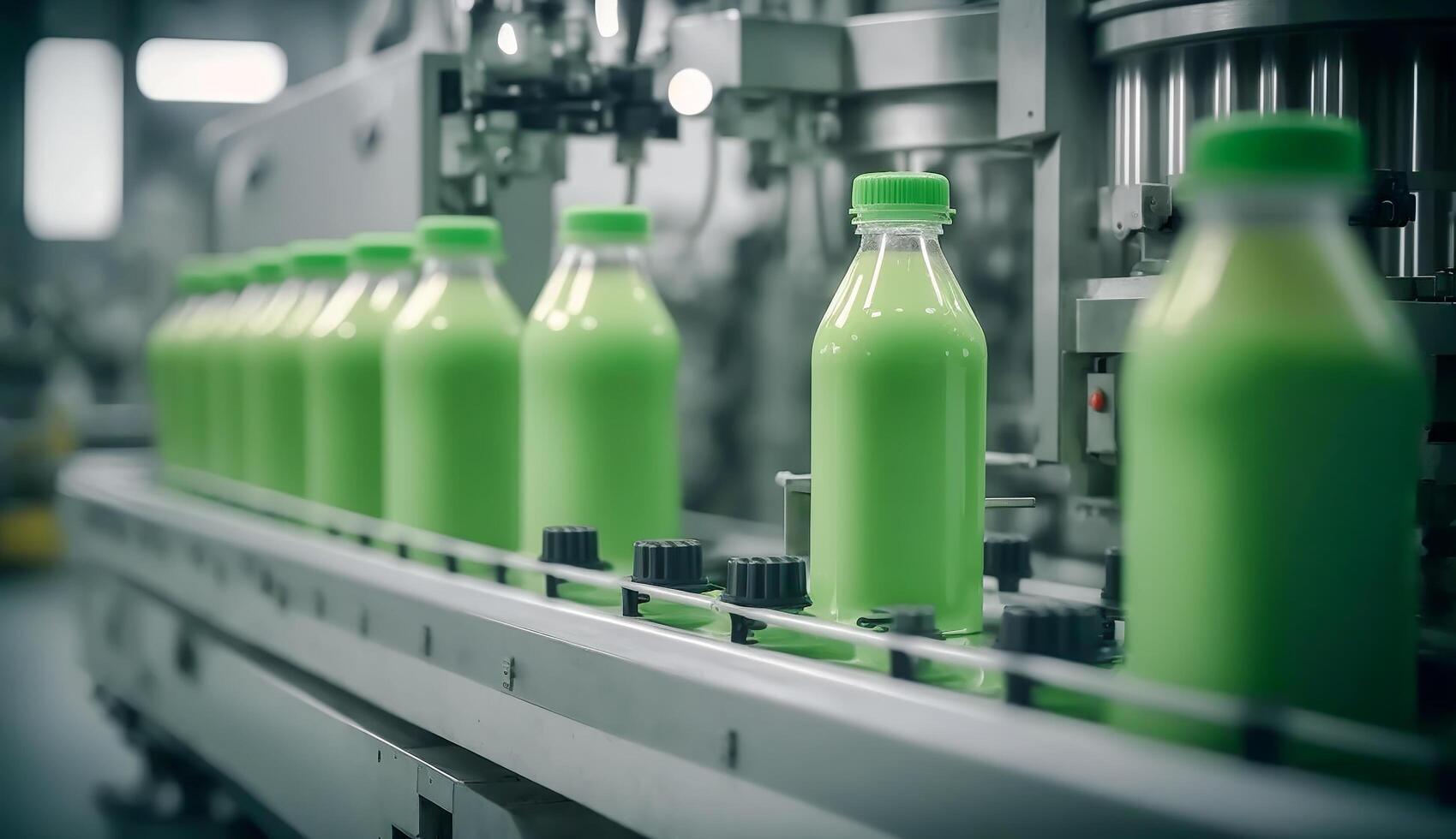 Gürtel oder Linie im frisch Grün Getränk mit modern automatisiert industriell Maschine Ausrüstung, Abfüllung Pflanze und bunt Saft Getränk Plastik Flasche im Fabrik, ai generativ foto