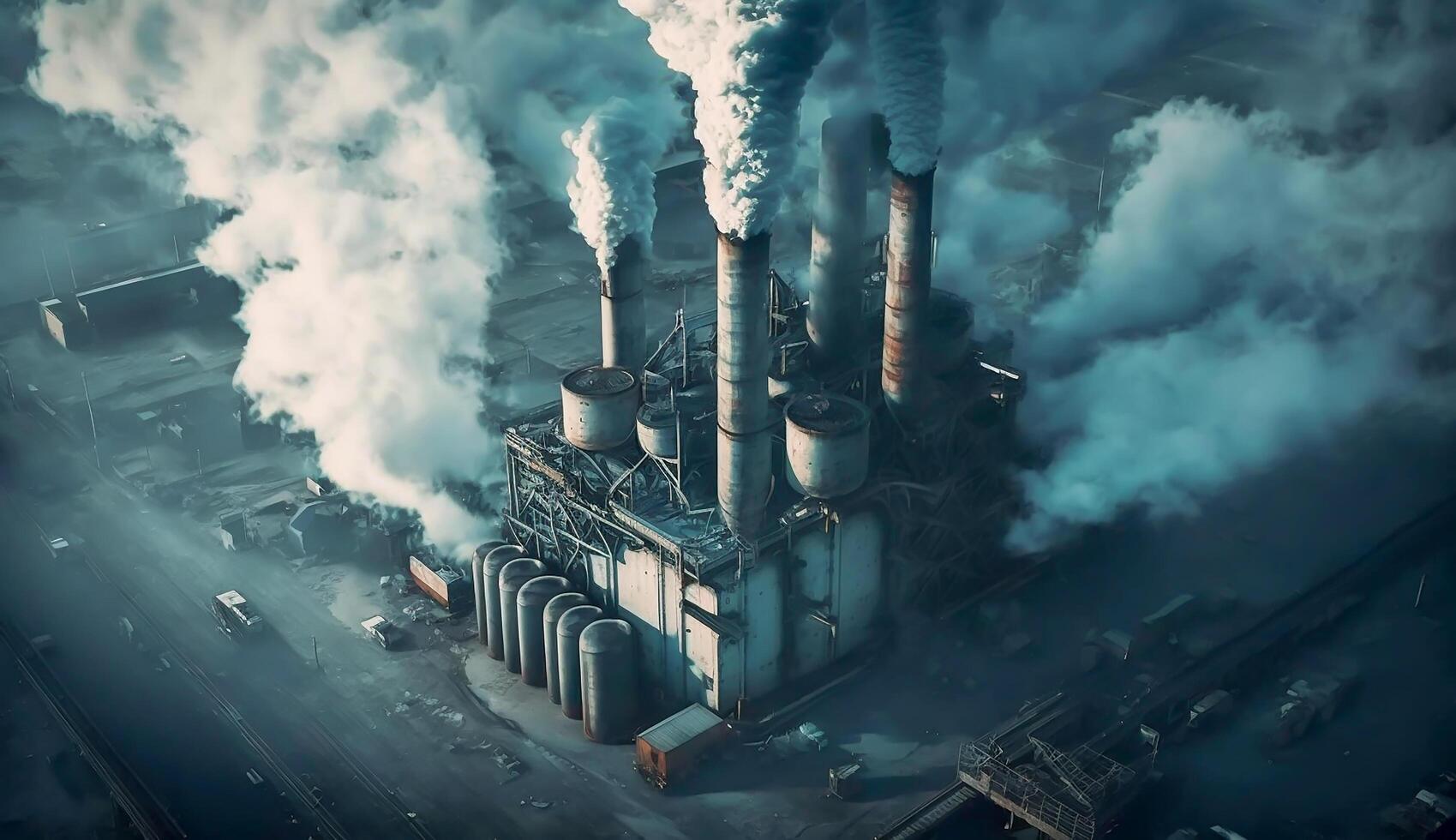 industriell Fabrik Verschmutzung, Schornstein Auspuff Gase, Schlecht Atmosphäre, generativ ai foto