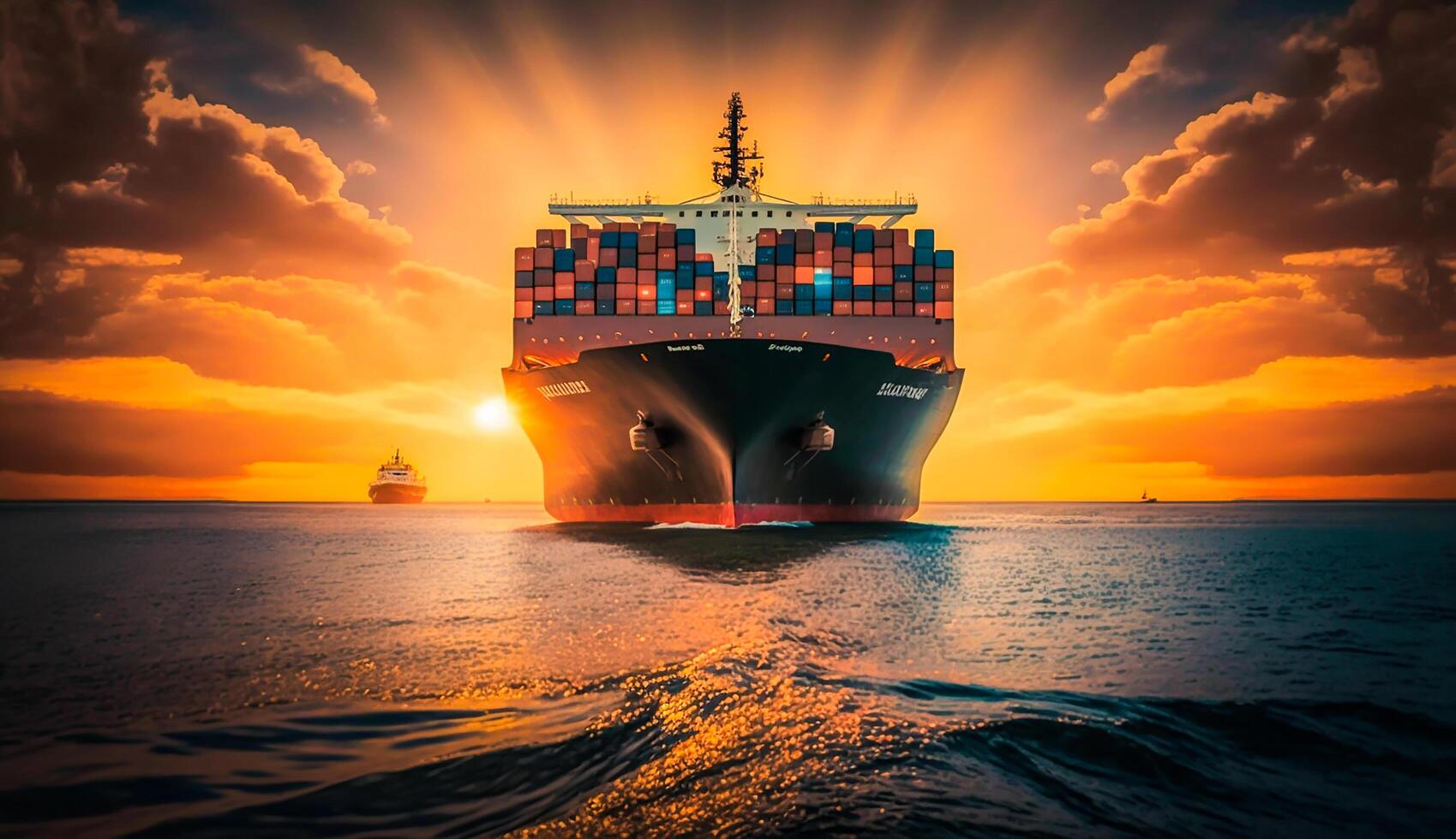 Container Schiff auf Ozean, Geschäft logistisch importieren - - Export Transport Vorderseite Aussicht im Sonnenuntergang, generativ ai foto