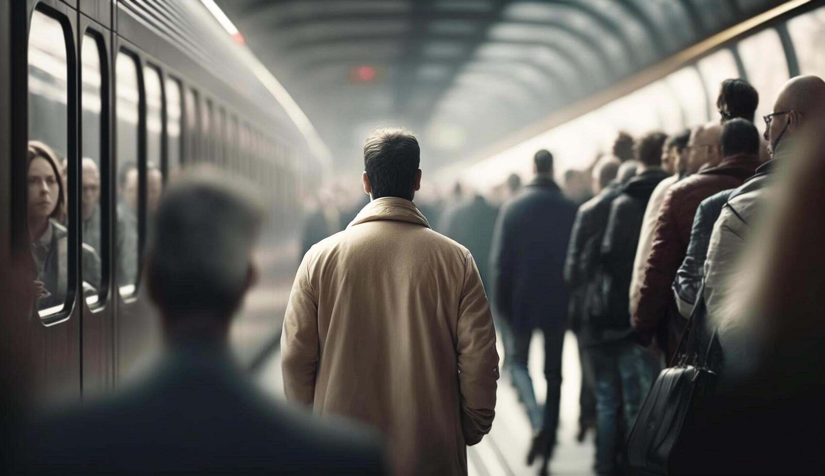 Menge von Geschäft Menschen Gehen im eilen Stunde im U-Bahn schnell ziehen um, generativ ai. foto