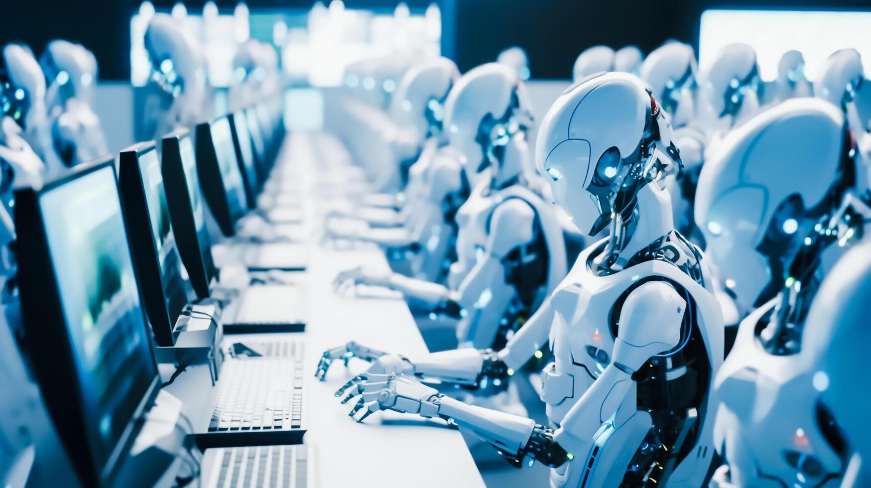 Weiß ai Roboter Arbeiten und suchen auf Monitor Bildschirm Computer Labor, Hightech künstlich Intelligenz Roboter Konzept, ai generativ foto