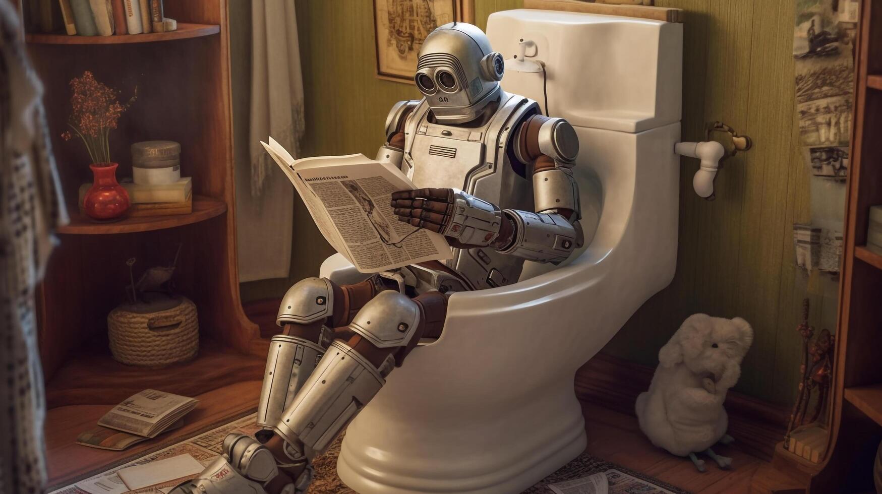 Roboter sitzen Toilette und lesen ein Buch, generativ ai foto
