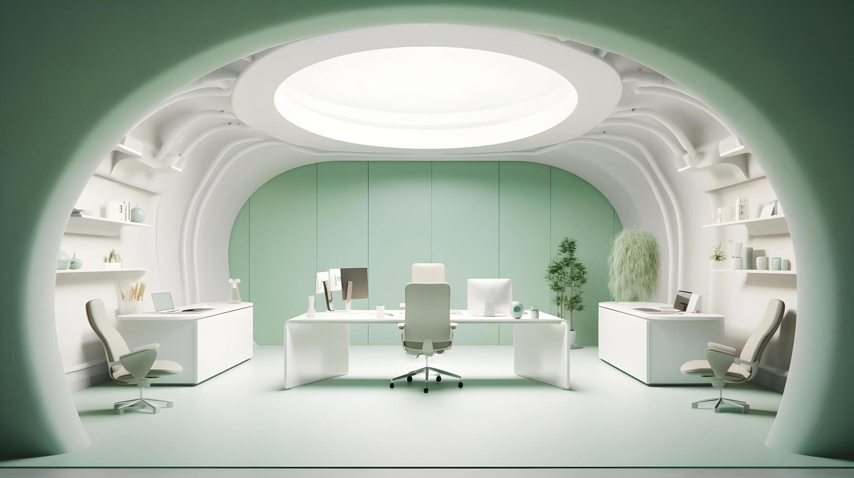 modern futuristisch Innere Büro Design mit warm Töne von grün. futuristisch Konferenz Zimmer Innere. Arbeitsplatz und korporativ Konzept. 3d Wiedergabe, generativ ai Illustration foto