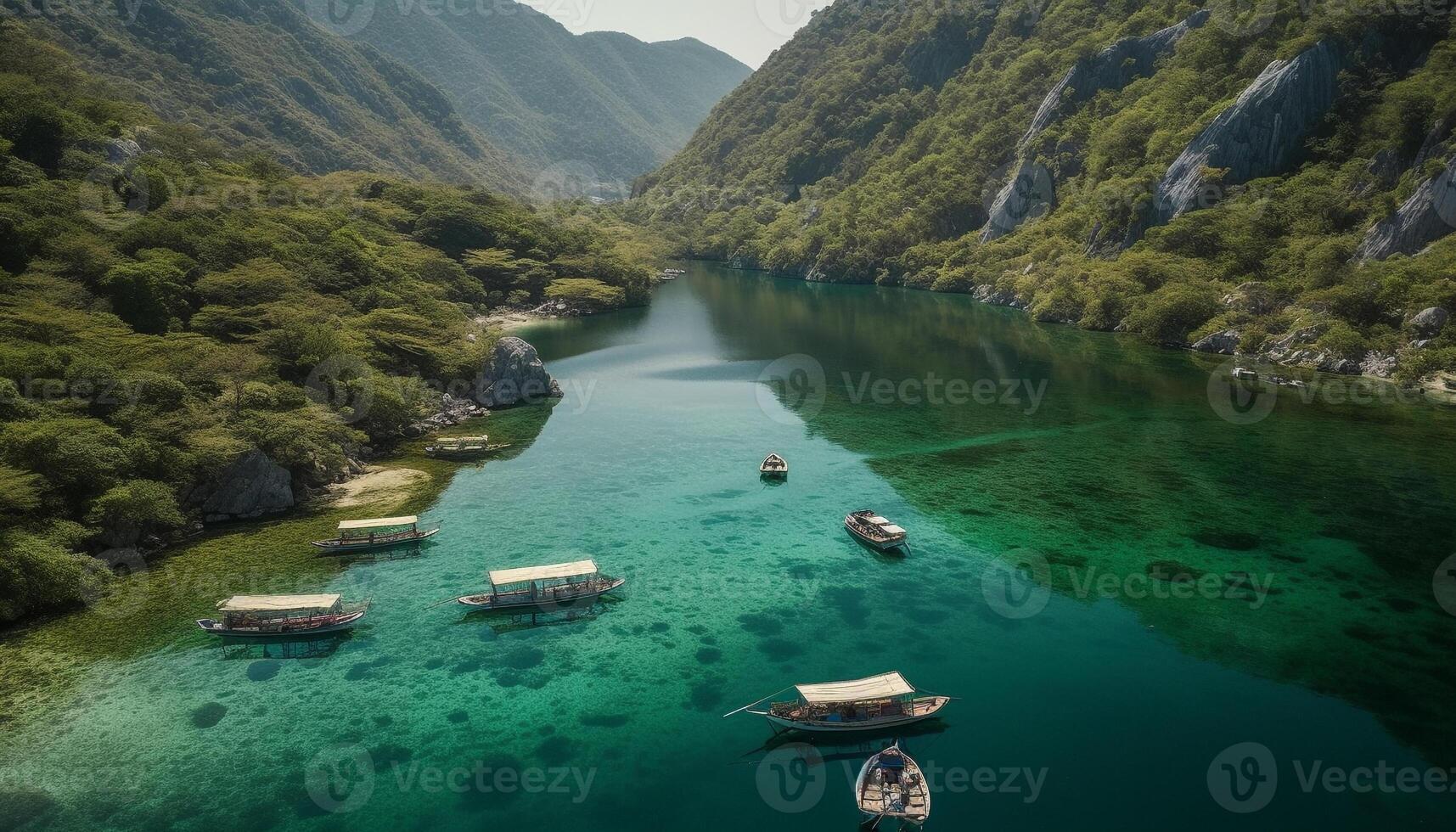 Berg Gipfel Betrachtung im still Blau Wasser generiert durch ai foto