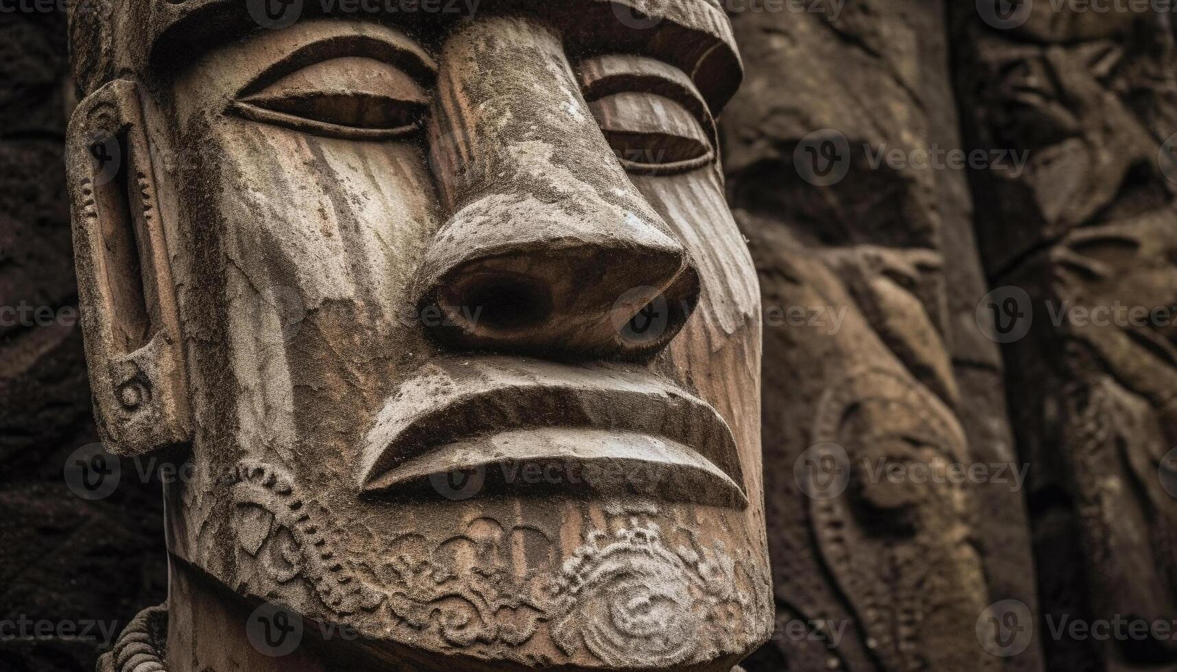 uralt Skulptur von einheimisch Gott im ruiniert Wald generiert durch ai foto