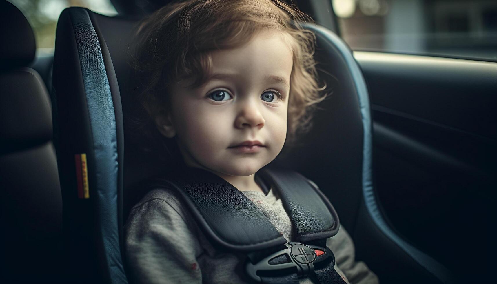 süß kaukasisch Kleinkind lächelnd im Auto Sitz generiert durch ai foto
