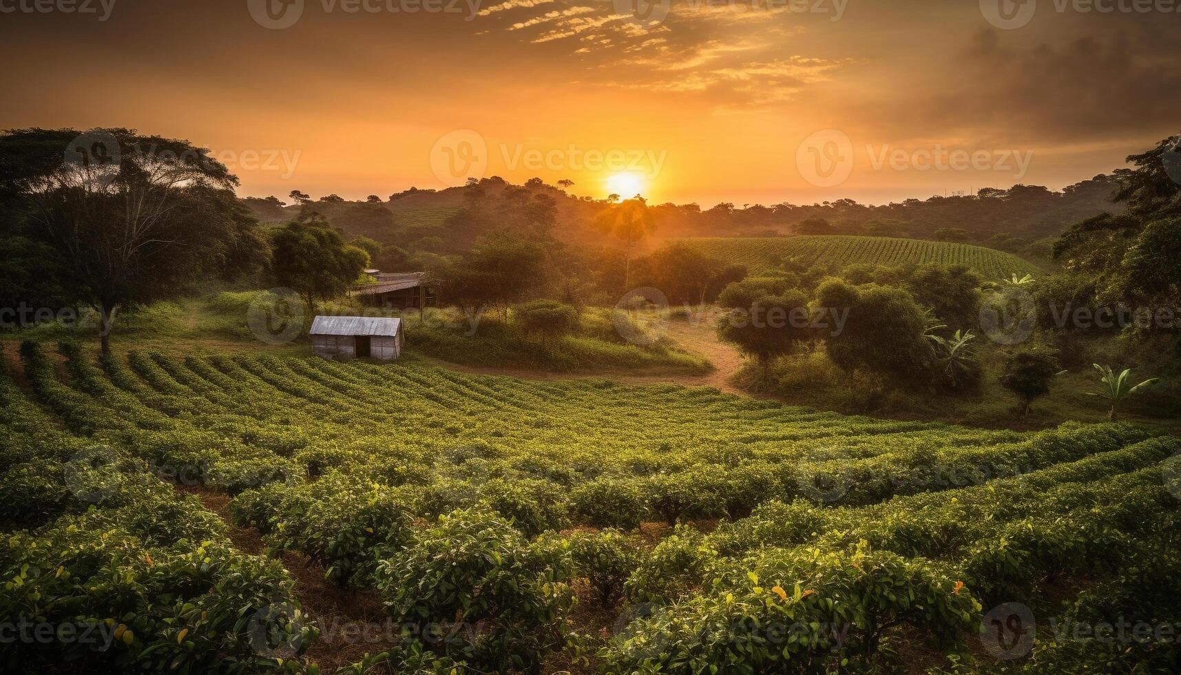 Sonnenuntergang Über ländlich Bauernhof, Wiese glühen mit Sonnenlicht generiert durch ai foto