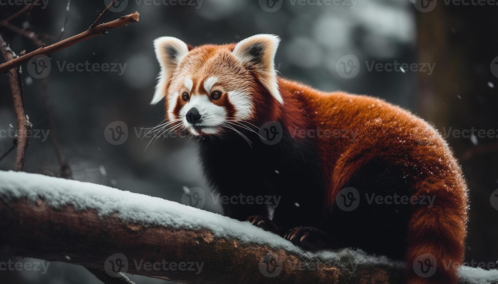 jung rot Panda Sitzung auf schneebedeckt Ast generiert durch ai foto