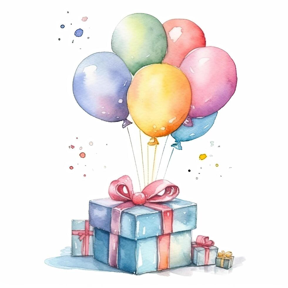 Aquarell glücklich Geburtstag Geschenk Kisten mit Luftballons. Illustration ai generativ foto