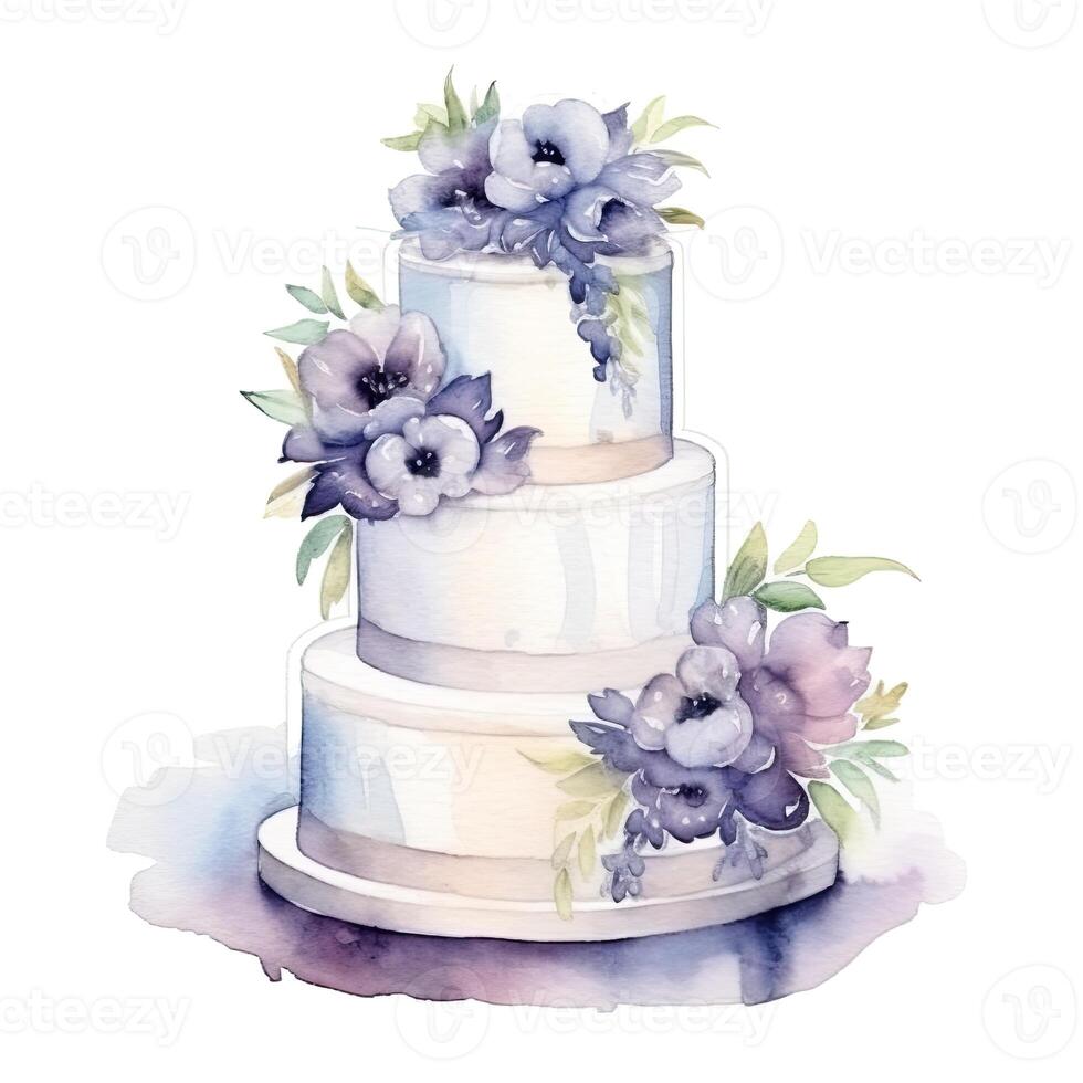 Aquarell Hochzeit Kuchen mit Blumen. Illustration ai generativ foto