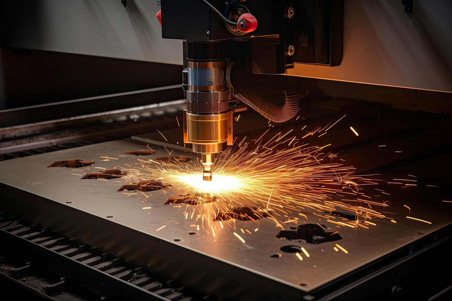 cnc Laser- Schneiden Maschine Schneiden Metall mit Funken. hoch Technologie. Laser- cnc Maschine Schneiden aus ein Metall Teller im ein Herstellung Einrichtung, mit Funken fliegend, ai generiert foto