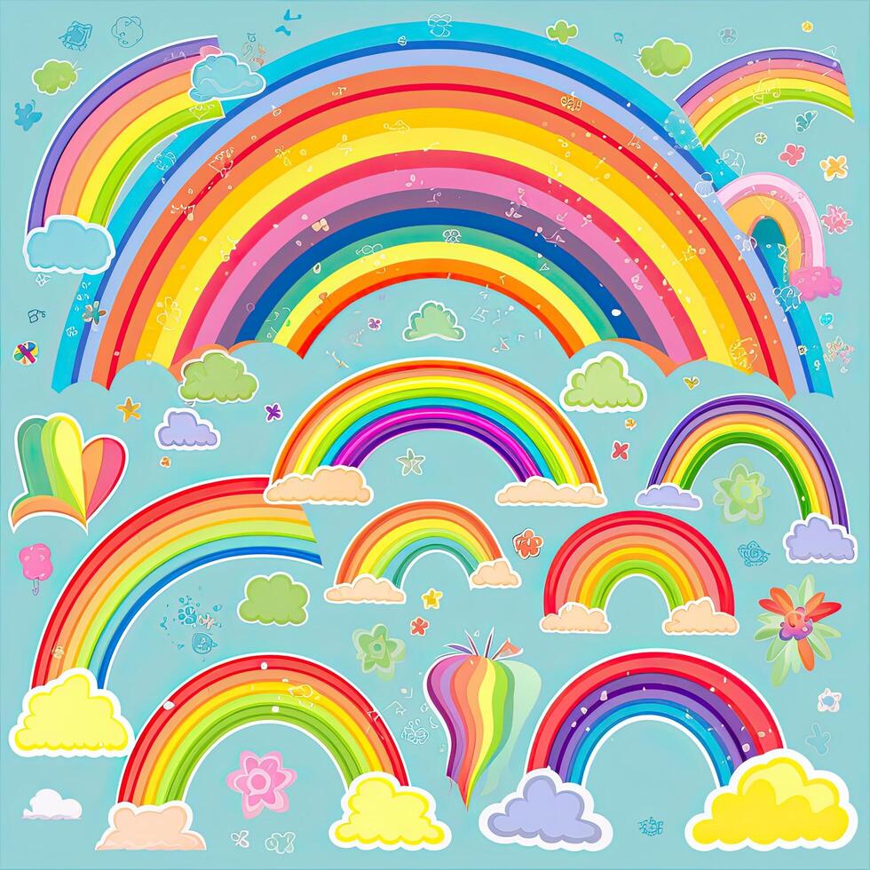 Wolke und Regenbogen Design. süß Regenbögen mit glücklich Gesichter. schön Regenbogen und Wolke Karikatur Design Sammlung auf Weiß Hintergründe. Wolken und Regenbögen Illustration mit glücklich Gesichter. ai generiert. foto