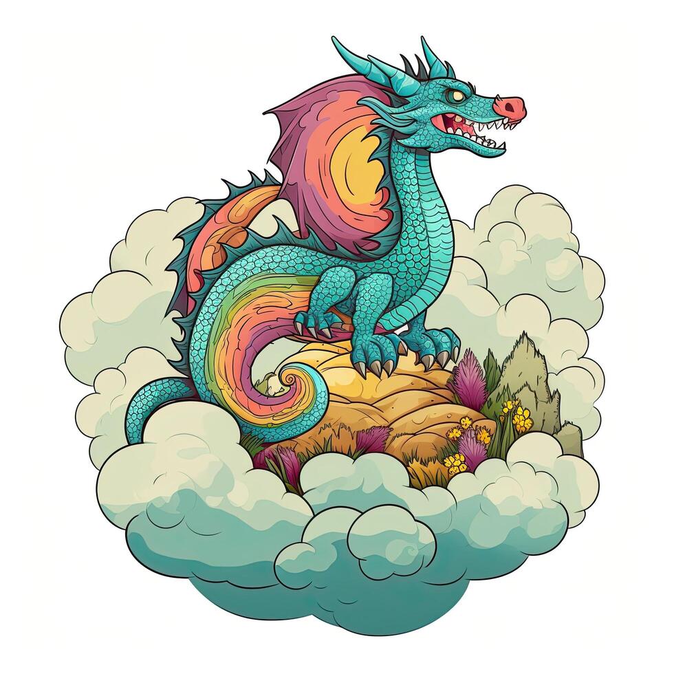 mythisch Drachen auf Wolke Sammlung. süß Drachen Baby Karikatur Illustration auf ein Weiß Hintergrund. bunt Drachen Sitzung auf Wolken einstellen Design zum Kinder Färbung Seiten. ai generiert. foto