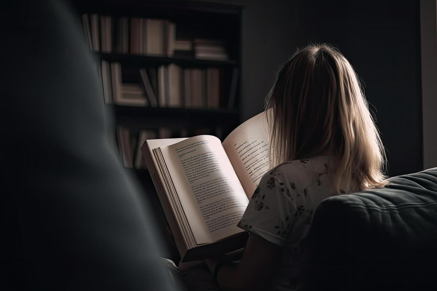 zurück Aussicht von Frau lesen Buch während Sitzung auf Sofa im dunkel Zimmer, ein Mädchen Rückseite Aussicht Sitzung auf ein Couch und lesen Bücher, ai generiert foto