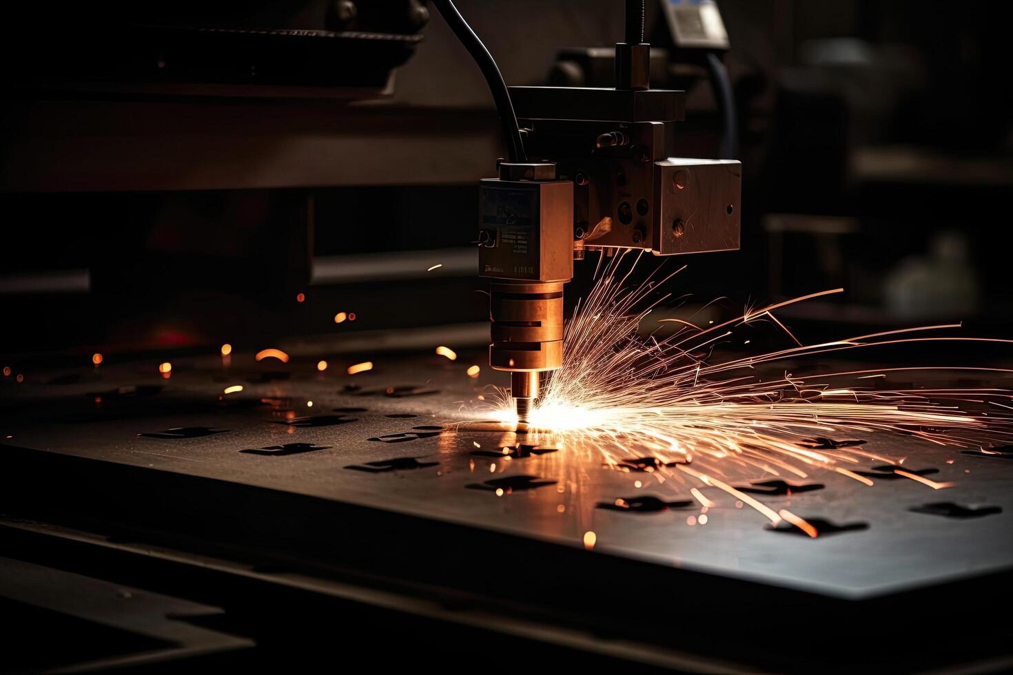 industriell Laser- Schneiden Automobil Teil mit Funken fliegend im das Luft. Laser- cnc Maschine Schneiden aus ein Metall Teller im ein Herstellung Einrichtung, mit Funken fliegend, ai generiert foto